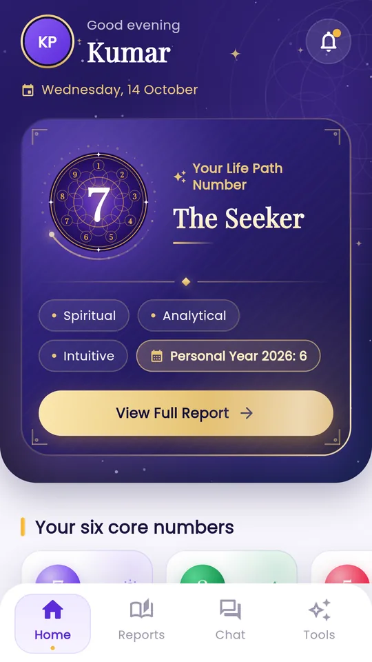 Nemo home screen showing Life Path number 7, The Seeker
